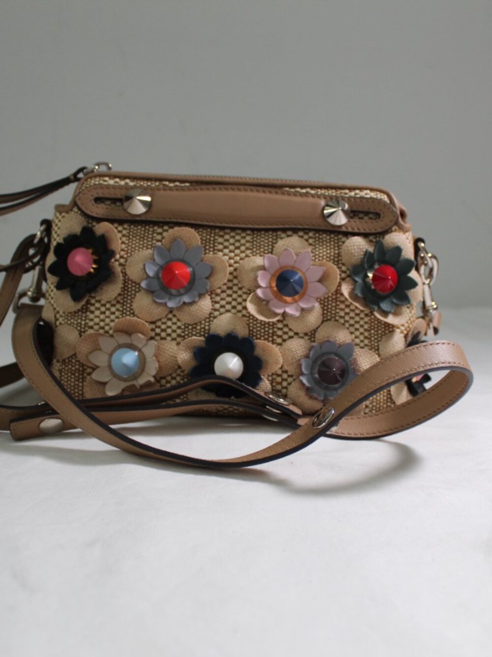 Fendi By The Way Floral Raffia Crossbody Shoulder Bag Flower Cut Out